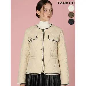 [탱커스]여성 퀼팅 트위드 노카라 경량 패딩_P414728825