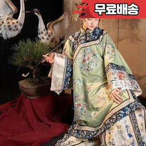 빈티지 중공업 골동품 의류 Cospaly Qipao 여성 청나라 꽃 인쇄 느슨한 긴 소매 드레스