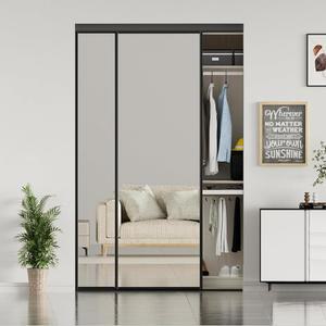 JUBEST 풀사이즈 슬라이딩 미러 옷장 도어 60 x 80, 상단 및 하단 트랙 키트가 있는 블랙 스틸 프레임 도어, 안전 지지대가 원 사이드 미러, 설치가 간편합니다