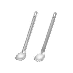 ATiAP 2개 롱 핸들 스푼, 포크 듀얼 사용 티타늄 8.85인치 광택 볼 끝, 야외 캠핑 피크닉 배낭 여행용 플랫웨어