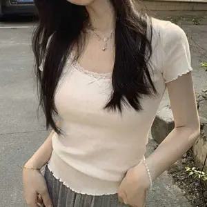 레이스 스퀘어넥 반팔티 여성 여름 골지 티셔츠