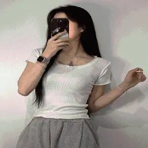 레이스 넥 리본 포인트 골지 티셔츠 반팔 얇은 티 레이스티 여성 빈티지 물결 U넥 여자 여름 이너 화이트