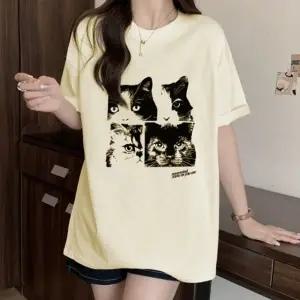 고양이 프린팅 여성 반팔 티셔츠