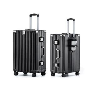 스피너 휠이 있는 수하물, 컵 홀더가 PC 하드 쉘 캐리어, 출장용 지퍼 없는 블랙 핫웨이 20인치 알루미늄 프레임 휴대용 캐리어