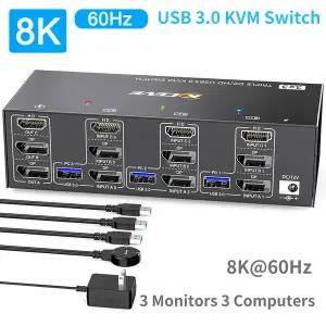 2025 USB 3.0 KVM 스위치 3 모니터 3 컴퓨터 8K  60Hz 4K  144Hz 트리플 모니터 4 USB 3.0 포트 KVM 트리플