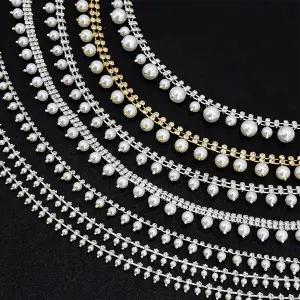 라인석 장식 진주 구슬 체인 다이아몬드 의류 목걸이 DIY 인공 진주 라인석 리본 선워터 장식 10 야드