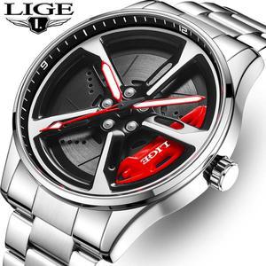 LIGE 패션 남성용 자동차 휠 시계 고급 스틸 방수 쿼츠