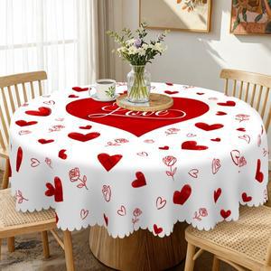 로맨틱한 발렌타인데이 테마 테이블보  장미 꽃다발 하트 프린트 패턴 중앙에 '사랑' 예술적 글자 다양한