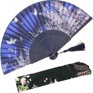 OmyTea 여성 손에 든 실크 접이식 선풍기 - 선물용 보호용 패브릭 슬리브 사쿠라 벚꽃 패턴 (WZS-1)