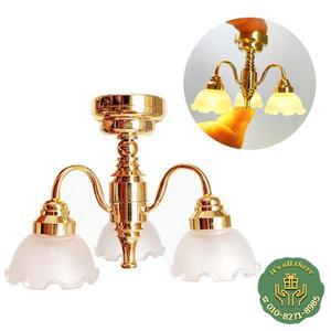 1:12 인형 집 미니어처 LED 황금 천장 램프 샹들리에 홈 조명 모델 가구 장식 장난감 인형 집 액세서리 1