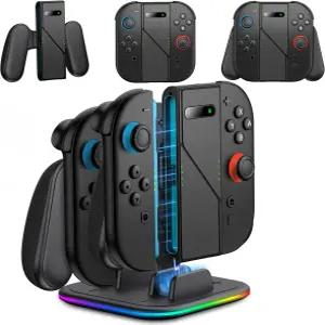 스베태초 4 in 1 충전기 그립 닌텐도 스위치 2 조이콘과 호환되는 인체공학적 LED 충전소 4pc 2세대