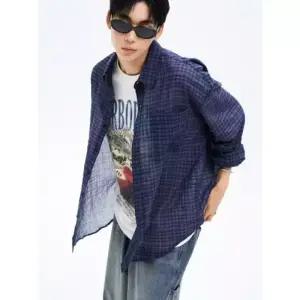 에잇세컨즈 8seconds 쉬어 링클 체크 긴소매 셔츠 퍼플