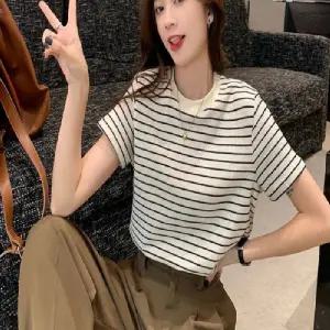 여성반팔셔츠 루즈핏 줄무늬 반팔티 스트라이프 라운드티 사무실 출퇴근 현장근무복