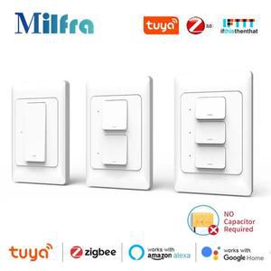 중립선이 있는 Tuya Zigbee 스마트 벽 스위치 옵션 푸시 버튼 물리적 조명 음성 제어 Google 홈 Alexa