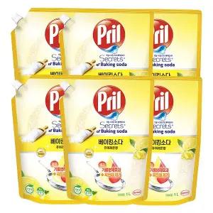 프릴 고농축 주방세제 베이킹소다 리필 레몬, 1L, 6개