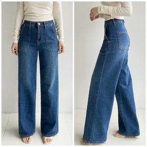 여성 스판 밴딩 ?사 앞포켓 와이드 데님팬츠 통청바지