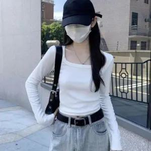 여성 레이어드 티셔츠 베이직 데일리 골지 여성 유넥 긴 팔 티 크롭 폴리에스터