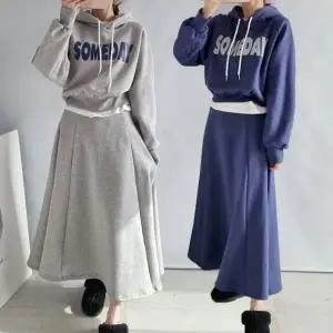 여성 겨울 기모 나염 면 후드티 플레어 롱스커트 트레이닝 세트 SST0088S 빅사이즈 루즈핏