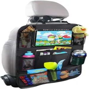 MYKOMI 차량 뒷좌석 오거나이저 방수 및 내구성 있는 카시트 킥매트 9개 수납공간 태블릿 홀더 주머니
