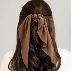 쉬폰 롱리본 곱창밴드 브라운 데일리 반묶음 스크런치