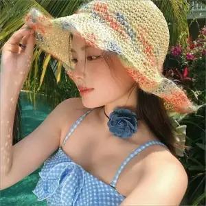 휴양지 여름 레인보우 밀짚 버킷햇 라탄 비치모자