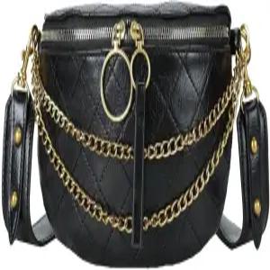 여성 크로스바디용 가죽 패니 팩 골드 체인이 달린 드레시 벨트 백 - 블랙 럭셔리 허리 지갑(블랙-2)