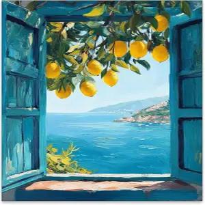 지중해 창문 전망 벽 예술 해안 레몬 나무 캔버스 프린트 블루 씨스케이프 포스터 침실 거실 사무실 장식