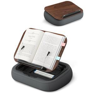 보관 가능한 Viozon 랩 북 베개 스탠드, 어두운 나무 패널이 있는 조절 가능한 빈백 독서 베개, 침대나 소파에서 핸즈프리 독서를 위한 다각도 책 홀더, 책 애호가 필수품, 부드러운 쿠션