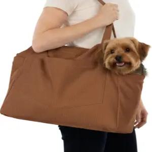 소형견을 위한 노블펌프 플러시 코듀로이 반려견 지갑 캐리어 - 안전 하네스 클립이 장착된 소프트 도그