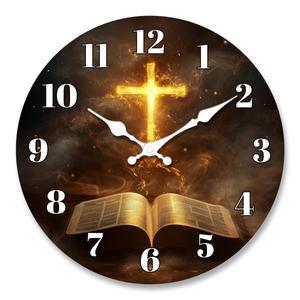 불꽃 효과와 열린 책 디자인의 신비한 성경 십자가 벽시계 - 무소음 큰 글씨 읽기  검정색 바늘