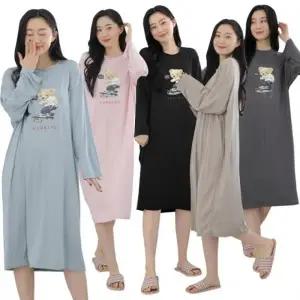 여성 원피스 잠옷 곰 사방 스판 롱원피스 오버핏 빅사이즈 봄 주니어 학생 실내복 홈웨어