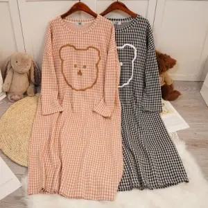 곰돌이 체크 원피스 잠옷 2color 간절기 여성 잠옷