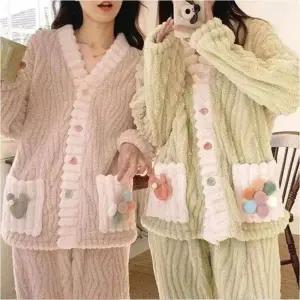 세트 포근한 여자 수면잠옷 겨울 집순이 극세사 파자마