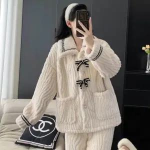 여성 여자잠옷 겨울 리본 카라 수면 잠옷 파자마 세트 홈웨어