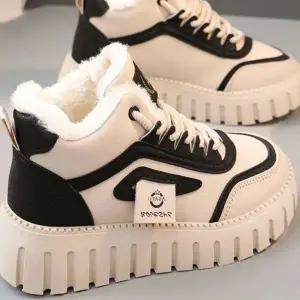 겨울 신발 퍼 안감 투톤 배색 플랫폼 스니커즈 여성