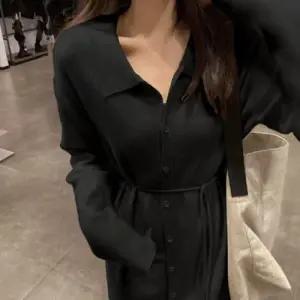 니트 가을 원피스 단추 카라 루즈핏 허리끈 롱 WEE9165