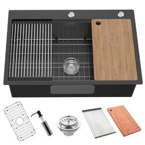 블랙 키친 싱크 워크스테이션, 33x22 인치 스테인리스 스틸 드롭 인 모던 대형 싱글 볼 선물 콤보 SS 그리드, 건조 랙, 도마, 비누 디스펜서, 배수 스트레이너 세트