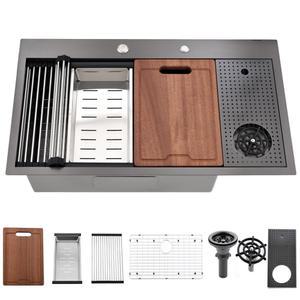 컵 워셔 워크스테이션이 있는 주방 싱크대의 33인치 블랙 드롭-보카이야 33x22 스테인리스 스틸 드롭 16게이지 싱글 볼 탑 마운트 도마가
