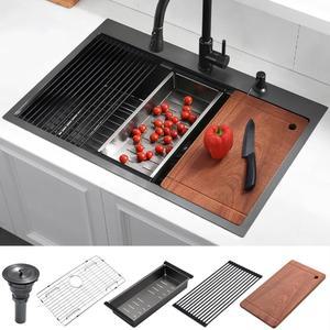 33 드롭 인 블랙 워크스테이션 키친 싱크, 럭키호스 33x22 인치 16 게이지 나노 스테인리스 스틸 싱크 탑마운트 싱글 볼 LH007SB