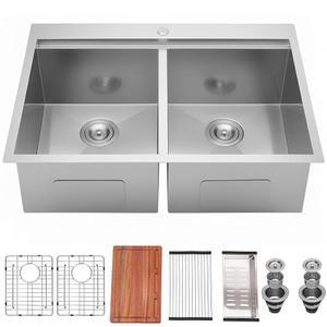 KINGO HOME 50/50 더블 볼 주방 싱크대, 싱크대 33x22 인치 드롭, 도마가 있는 33 선반 워크스테이션 16 게이지 스테인리스 스틸 탑 마운트 이중 대야