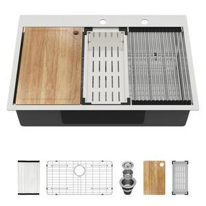 주방 싱크대 33방울 - 워크스테이션 33 22인치 16게이지 스테인리스 스틸 싱글 볼 탑마운트 딥 분지, 깊이 9인치