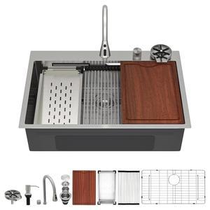 수도꼭지가 있는 주방 싱크대의 로페요 33인치 폭포 드롭, 33x22 탑마운트 스테인리스 스틸 16G 싱글 볼 싱크대 작업대에는 유리 헹굼기와 비누 디스펜서, LOF-WF33229가 포함되어 있습니다