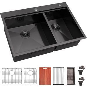 UFaucet 60/40 더블 볼 주방 싱크대 블랙 드롭, 33x22 인치 건메탈 선반 작업대 16 게이지 스테인리스 스틸 탑마운트 듀얼 베이신, 도마 포함