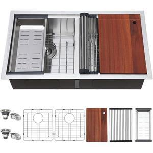 COMLLEN 33인치 더블 볼 언더마운트 키친 싱크, 33x19인치 워크스테이션 16게이지 스테인리스 스틸 도마 포함, 공간 효율성 극대화 9인치 딥 싱크