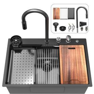 33인치 워터폴 키친 싱크 메탈 블랙 - 수도꼭지 콤보 더블 스텝 워크스테이션 16 게이지 다기능 스테인리스 스틸 싱글 볼이 포함된 Feibus 33x22x10 드롭