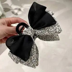 [콩심팥심]빅사이즈 리본 집게핀 패턴 블랙 배색 쉬폰 헤어핀 여성헤어핀