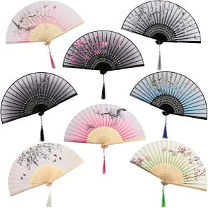 AVLA 8팩 접이식 선풍기 실크 패브릭 대나무 휴대용 여성용 꽃꽃 손잡기 결혼식 댄싱 파티 선물 코스프레