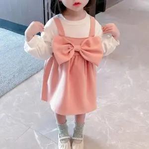 여아 아동 데일리 캐주얼 리본 긴팔 티셔츠 원피스 세 (WFHXDOE)