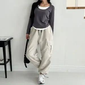 여성 5컬러 모링 레이어드 U넥 배색 라운드 긴팔티 (WFFVR2U)