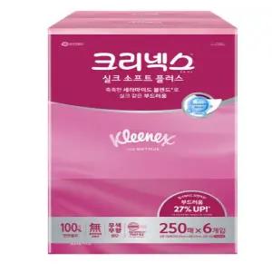 크리넥스 실크소프트 250매 6입 천연펄프 미용티슈 각티슈 곽티슈